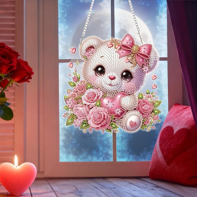 Bowetile Valentine's Day Diamond Art Hanging Kits for Adults, Diamond Art Suncatchers Bear, 5D Special Shape Diamond Painting Flowers Pendant Window Ornament Gifts for Home Door Wall Decor