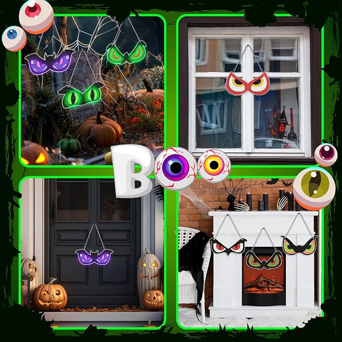 Chiisong 6 Pcs Halloween Diamond Art Painting Kit Hanging Sign Set Flashing Spooky Eyes Glow in The Dark Diamond Art Painting Kits Halloween Hanger Adult 5d DIY Craft for Wall Door Window Porch Decor