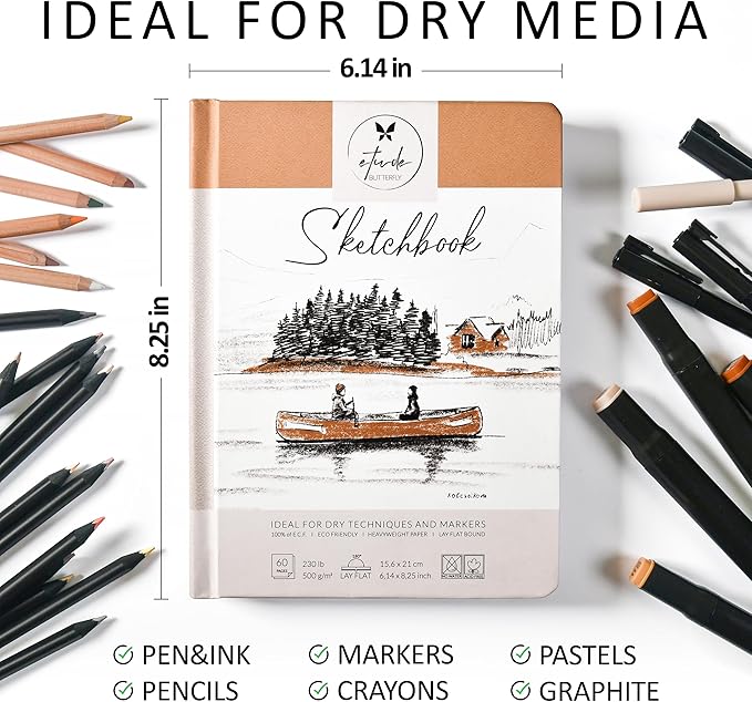 Sketch Book Hardcover 60 Pages Thick 500 GSM / 230 lb Acid Free Paper Lay Flat Bound for Drawing and Sketching 6,14” x 8,25” for Kids and Adults Beginners and Professionals Eco Friendly