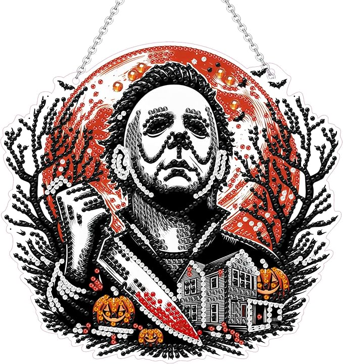 WEUOPG Halloween Diamond Art Hanging Kit for Crafts, DIY Acrylic Diamond Art Painting Window Pendants Home Garden Wall Hanging Kits, Double Sided Hanging Ornament