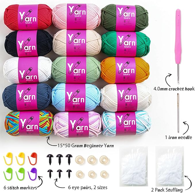 15 Pack Crochet Yarn Beginner - Black White Orange Red Green Rainbow Hot Pink Yellow Cotton Chunky Yarn - with Easy-to-See Stitches Beginner Yarn for Crocheting (15 * 50g)
