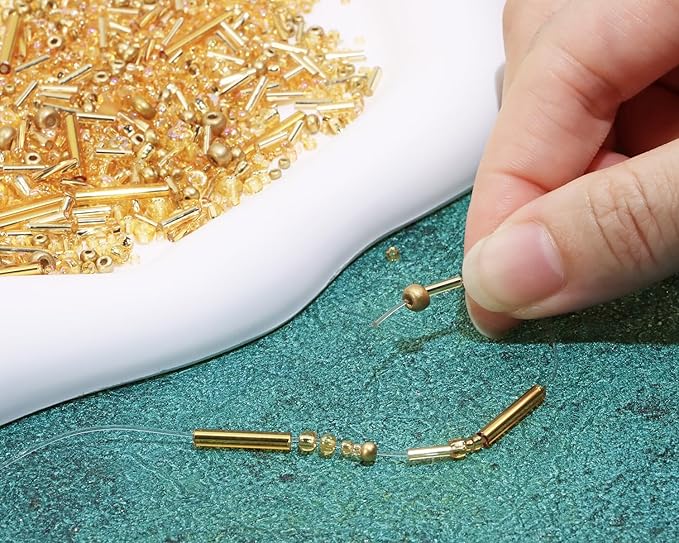 Mixed Craft Beads 1000Pcs/20g Glass Seed Beads Tube Beads Bugle Beads 1.5-4.5mm Small Loose Spacer Beads for DIY Bracelets Necklace Earring Jewelry Making (Gold)