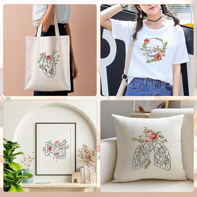 5 Sets Skull Embroidery Kits for Beginners Adults, Anatomy Embroidery Starter Kit for Doctors Nurses Christmas Gifts with Floral Stamped Pattern DIY Needlepoint Kit Cross Stitch Set Includes 2 Hoops