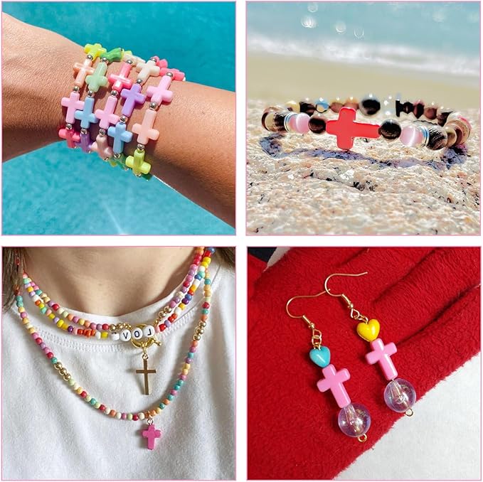 FASHEWELRY 100Pcs Candy Color Acrylic Crosses Spacer Mixed Color Crucifix Loose Cute Beads Bulk for Bracelet Necklace Jewelry Making