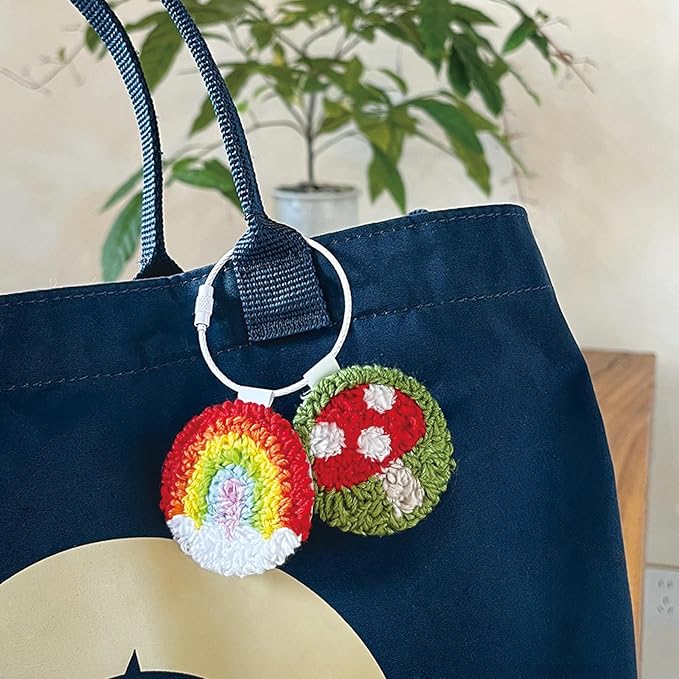 HAND U JOURNEY 8Pcs Embroidery Punch Needle Keychain, Bachpack Charm Kit, Original Design with 2.2mm Punch Tool, Threads and Hoop.Random Color Chain