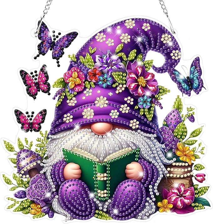 Bowetile Gnome Diamond Art Hanging Kits for Adults, 5D Special Shape Diamond Painting Flowers Pendant Kits, Gem Art Suncatchers Painting Window Ornament for Home Garden Wall Decor