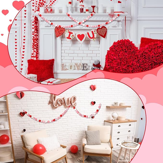 Waydress 200 Pcs Valentines Day Wooden Beads Hearts Beads Pink Red Farmhouse Beads Colorful Round Wooden Beads Natural Loose Beads for DIY Crafts Garland Wedding Home Decor