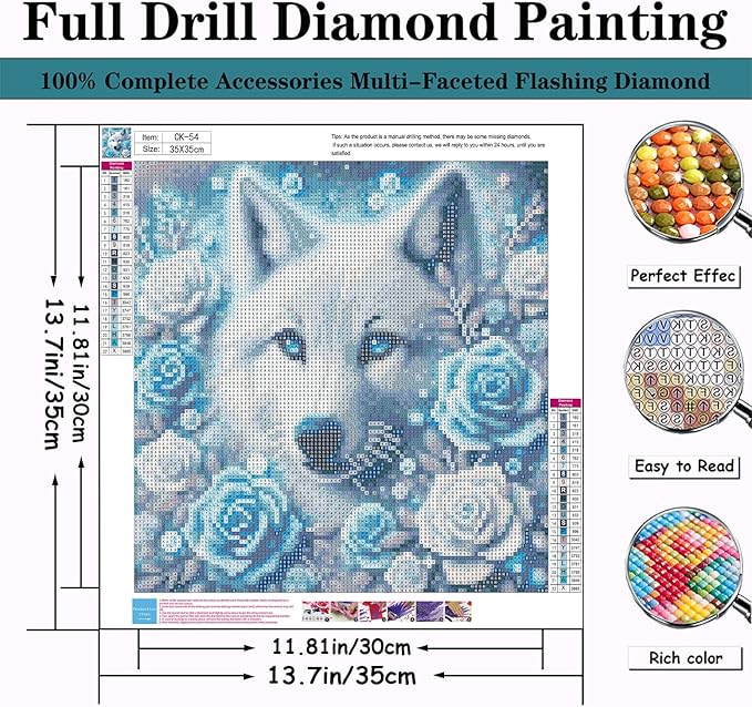 CZYWJMEI Wolf 5D Diamond Painting Kits for Adults Beginners,DIY Blue Rose Flower Diamond Art Kits,Full Round Drill Diamond Dot Gem Art Kits,Home Wall Decor 13.7 x13.7nch
