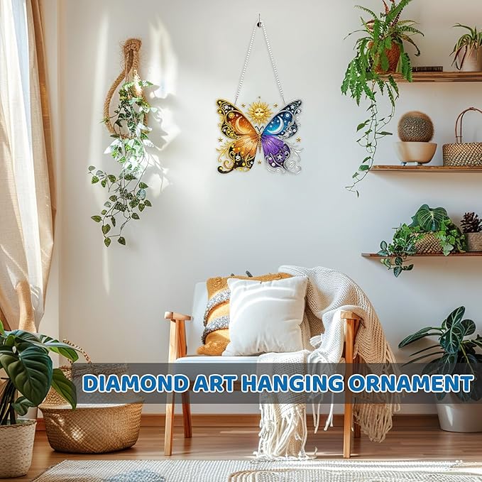 MEIYUDA Butterfly Diamond Art Hanging Kits for Adult, Butterfly Sun Moon Diamond Painting Hanging Kits Ornaments, DIY Special Shaped Rhinestone Window Pendants kit for Home Garden Wall Decor Gift