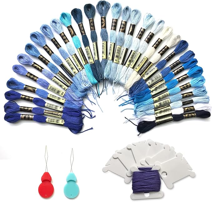 levylisa Embroidery Floss 30 Skeins Cross Stitch Threads Friendship Bracelets Floss with 10 Pcs Floss Bobbins and 2 Pcs Needle Threader (Blue)