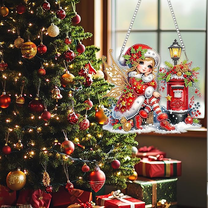 SENQAO Christmas Diamond Art Hanging Kits for Adults, Fairy Diamond Art Suncatchers, 5D Special Shape Diamond Painting Pendant Window Ornament Gifts for Home Door Wall Decor