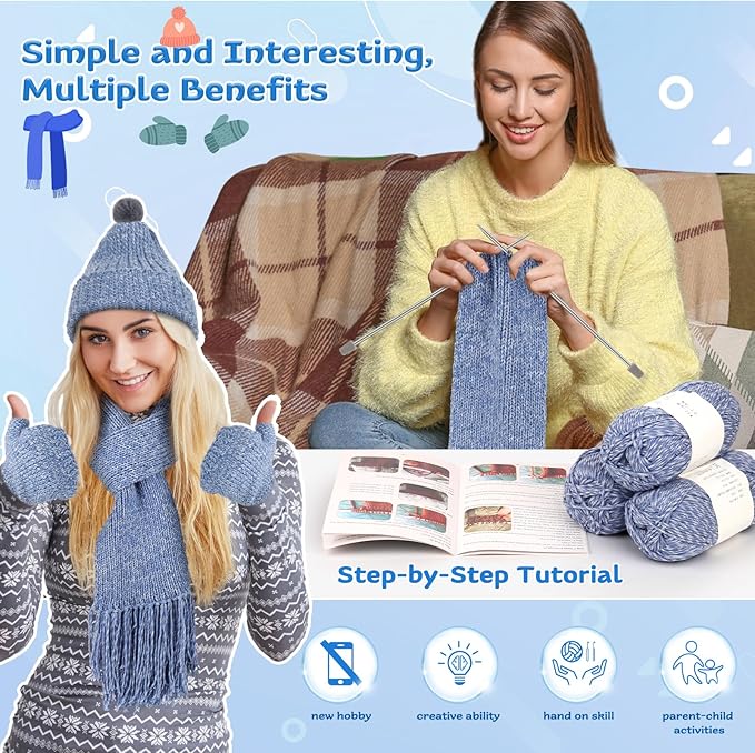 coopay knitting kit for beginners, complete knitting kits learn to knit hat scarf glove, knitting starter kit for adults w/yarn, knitting set w/step-by-step instruction tutorial, 4pcs knitting needles