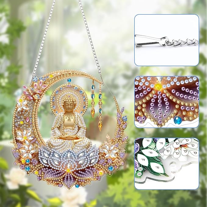Lxmsja DIY Buddha Statue Diamond Painting Hanging Ornament, Double-Sided Acrylic Lotus Flower Diamond Art Kit, Special Shaped Suncatcher Hanging Pendant Window Art Kit 8x8 inch