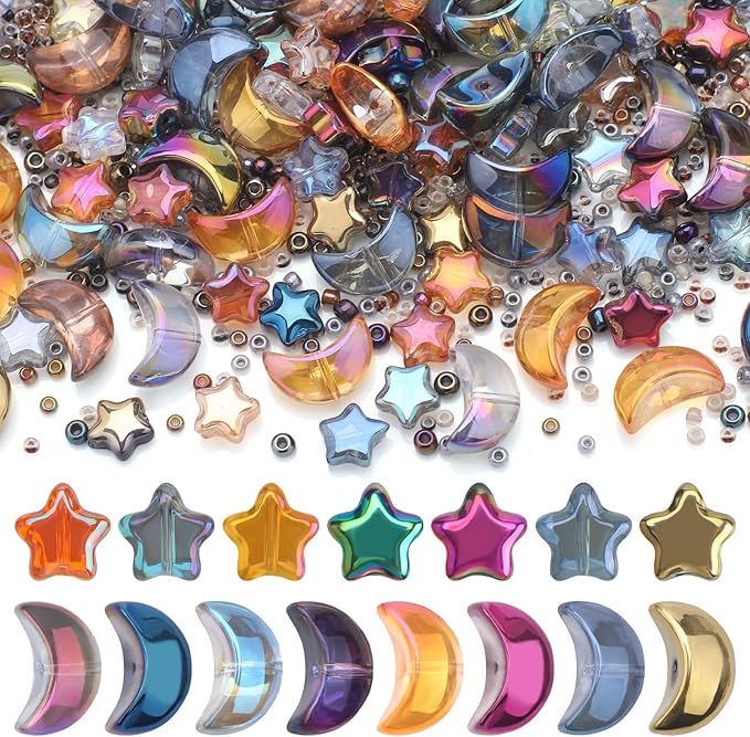 620pcs Mixed Star Moon Glass Beads for Jewelry Making, Shaped Star Moon Spacer Beads with Glass Seed Beads for DIY Supplies Bracelets Necklaces Earrings