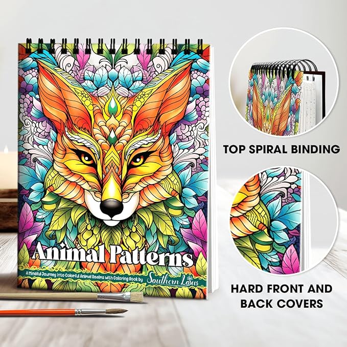 southern lotus animal patterns spiral coloring book wirebound hardcover papers with relaxing animals mandala drawings color pages for adults women seniors mindfulness relaxation anxiety relief
