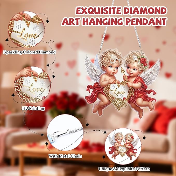 Bowetile Valentine's Day Diamond Art Hanging Kits for Adults, Diamond Art Suncatchers Cupid, 5D Special Shape Diamond Painting Love Pendant Window Ornament Gifts for Home Door Wall Decor