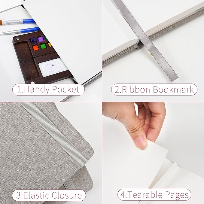 Vienrose 2 Pack Watercolor Sketchbook, 5.5"x8.2" Watercolor Journal with 24 Sheets 140 LB (300 GSM) Cotton Watercolor Paper, Grey Linen Cover Water Coloring Sketch Book