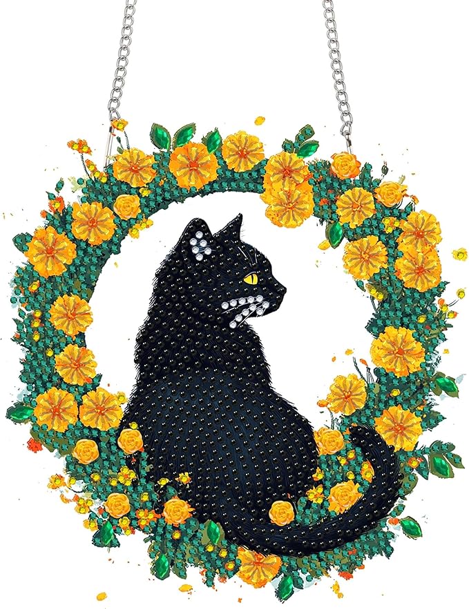 Bimkole Cat Diamond Art Hanging Kit for Adult, DIY 5D Diamond Art Flower Window Pendant, Acrylic Crystal Art Hanging Ornament Home Wall Garden Front Door Sign Outdoor Decor 7.8x7.8 Inch