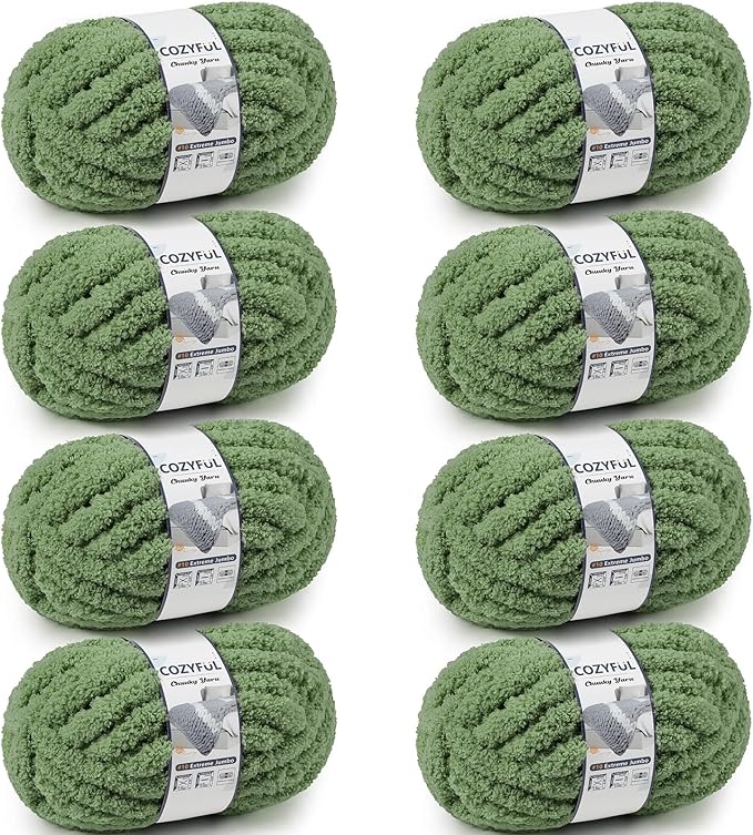 Chunky Yarn for Hand Knitting - #10 Chunky Chenille Yarn, Jumbo Big Thick Chunky Yarns for Crocheting, Super Bulky Chunky Knit Blanket Yarns, 8 Skein (25 yds 8 oz Each Skein), Smoky Green