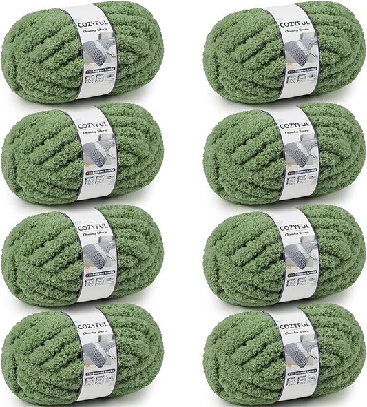Chunky Yarn for Hand Knitting - #10 Chunky Chenille Yarn, Jumbo Big Thick Chunky Yarns for Crocheting, Super Bulky Chunky Knit Blanket Yarns, 8 Skein (25 yds 8 oz Each Skein), Smoky Green