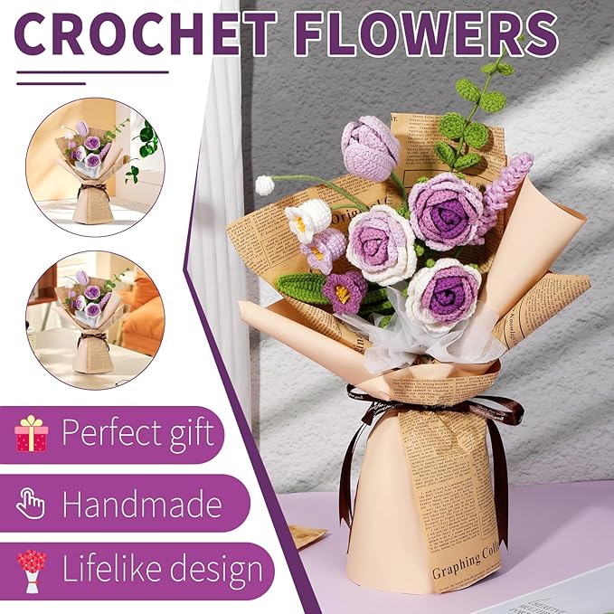 Kogyxe Crochet Kit for Beginners, Purple Rose Crochet Flowers for Adults with Step-by-Step Video Tutorials, DIY Crochet Bouquet Kits Knitting Supplies Include Floral Wire, Newspaper
