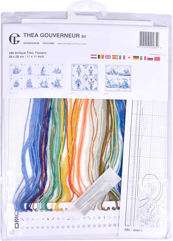 Thea Gouverneur - Counted Cross Stitch Kit - Antique Tiles Flowers - Aida - 18 Count - Embroidery Kit for Adults - DMC Embroidery Threads and Other Cross Stitch Supplies Included - 485A