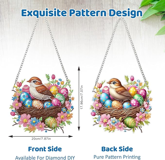 MEIYUDA Easter Diamond Art Hanging Kits for Adult, Easter Egg Diamond Painting Hanging Kits Ornaments, DIY Bird's Nest Special Shaped Rhinestone Window Pendants kit for Home Garden Wall Decor Gift