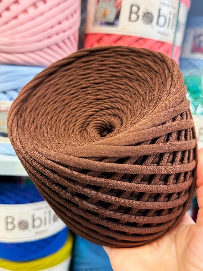T-Shirt Yarn – 5-7 mm Jersey Ribbon for Crochet, Knitting, Macrame, DIY Crafts – 100 m / 110 Yards – Cotton Fettuccini Zpagetti Thread – Ideal for Bags, Rugs, Baskets – Sweet Brownie