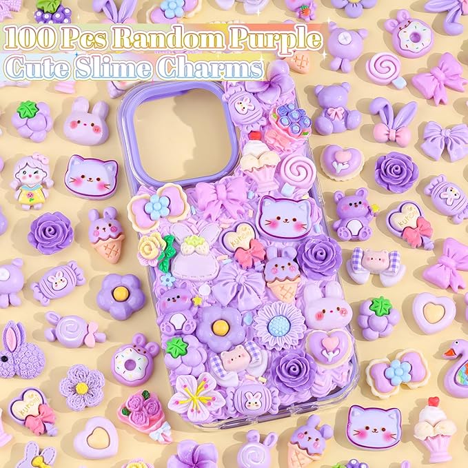 100PCS Purple Slime Charms Cute Flatback Resin Charms for Slime, Random Kawaii Decoden Charm for Embellishments Phone Junk Case Charms Bulk, Hairpins Scrapbooking Crafting & DIY Decoration