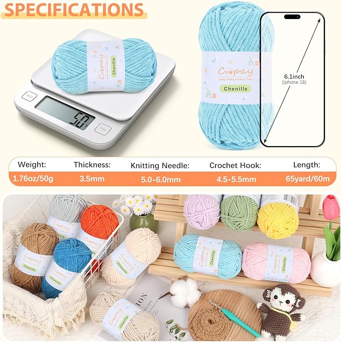Coopay Chenille Yarn for Crocheting, 8 Pack Medium Weight Yarn - CYC #4 - Total 520yd, Soft Crochet Yarns for Plush Toys, Blankets, Scarves (Blue)