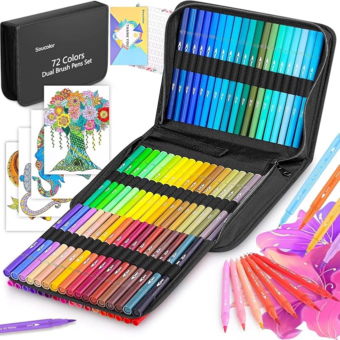 Soucolor Art Supplies for Adults, 72 Colors Dual Tip Brush Fine Tip Markers, Art Kit Drawing Set with Art Case Coloring Set, Art Set Art Supplies