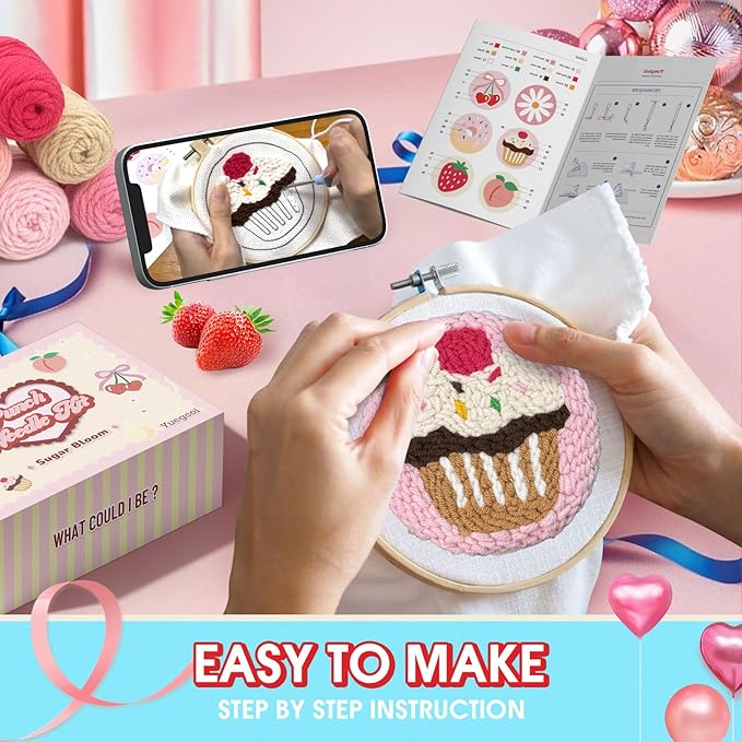 yuegool 6PCS Punch Needle Coaster Kit, Easy DIY Embroidery Set for Beginners & Adults with Patterns, Tools, Yarns, Hoop, Instructions & Coaster Holder