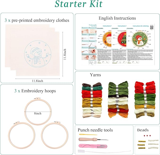 harimau 3pcs beginner embroidery kit,christmas pattern,punch needle kits, including stamped embroidery cloth with 3 embroidery hoops, multicolor color threads for embroidery kit