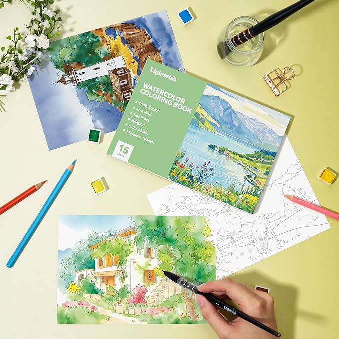 Lightwish Watercolor Coloring Book for Adults & Beginners,100% Cotton 300gsm/140lb Acid-Free Hot Press Paper, 8.3 x 5.6 Inches,15 Sheets,Landscape-Themed