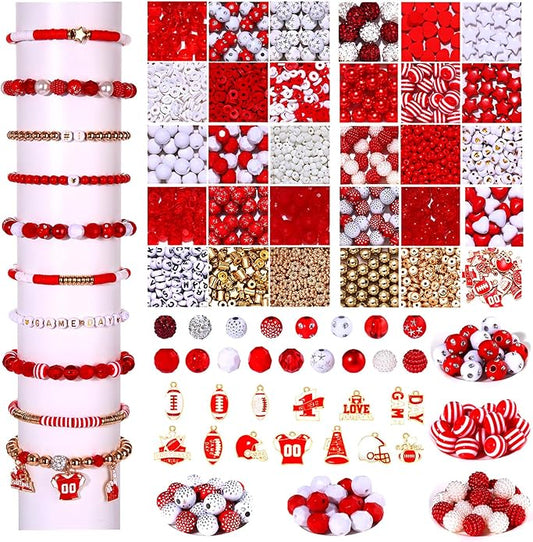 2200PCS+ Game Day Beads Charms for Bracelet Making Polymer Clay Beads Crystal Pearl Letter Gold Spacer Beads Football Charms for Game Day Bracelet Necklace Making DIY Crafts