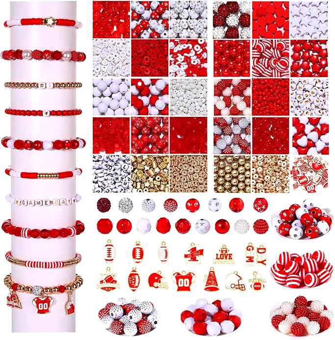 2200PCS+ Game Day Beads Charms for Bracelet Making Polymer Clay Beads Crystal Pearl Letter Gold Spacer Beads Football Charms for Game Day Bracelet Necklace Making DIY Crafts