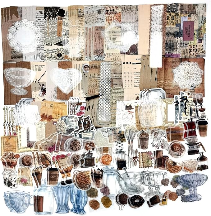 Esweny 260PCS Vintage Journaling Scrapbooking Supplies Scrapbook Sticker Paper Ephemera Pack for Junk Journal Planners Collage Craft Notebooks Album (Coffee and Bread)