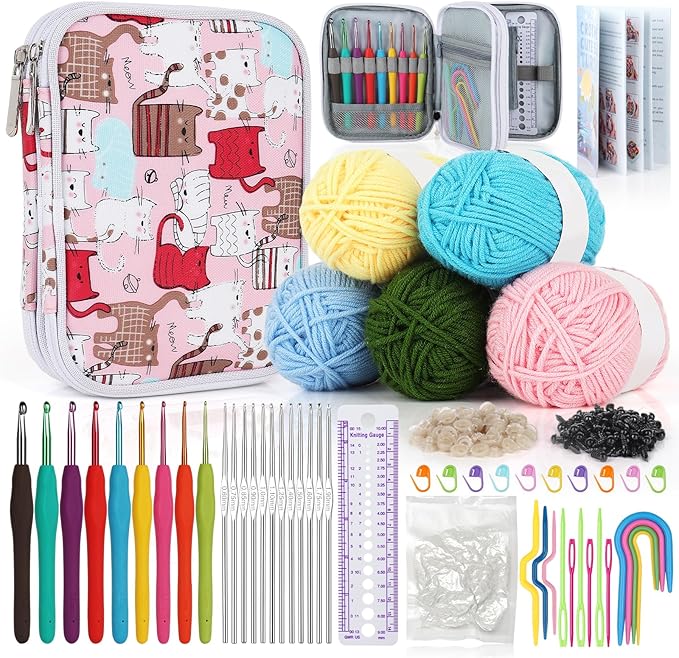Katech Beginner Yarn for Crocheting and Knitting-Crochet Kit for Beginners Adults Kids Professionals-Crocheting Animals Kits-Includes 382 Yards Cotton Yarn Balls, Hooks, Accessories, Tutorials