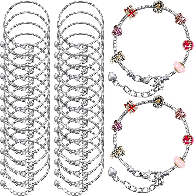 Hicarer 20 Pcs Chain Bracelet for Jewelry Making Women DIY Adjustable Snake Charm Bracelet with Heart Shape Extender Chain(Silver)