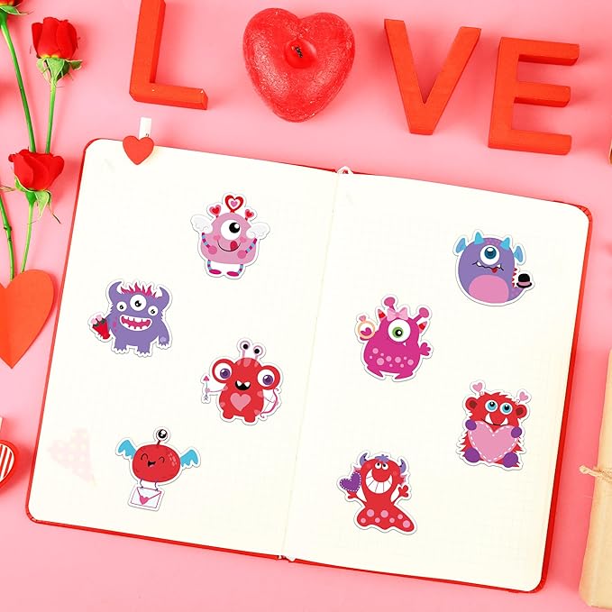 beyumi valentine red monster sticker - 1000pcs valentine's day cute monster stickers in 2 rolls adhesive decorative sticker valentine waterproof decal greeting card envelope party gift decor