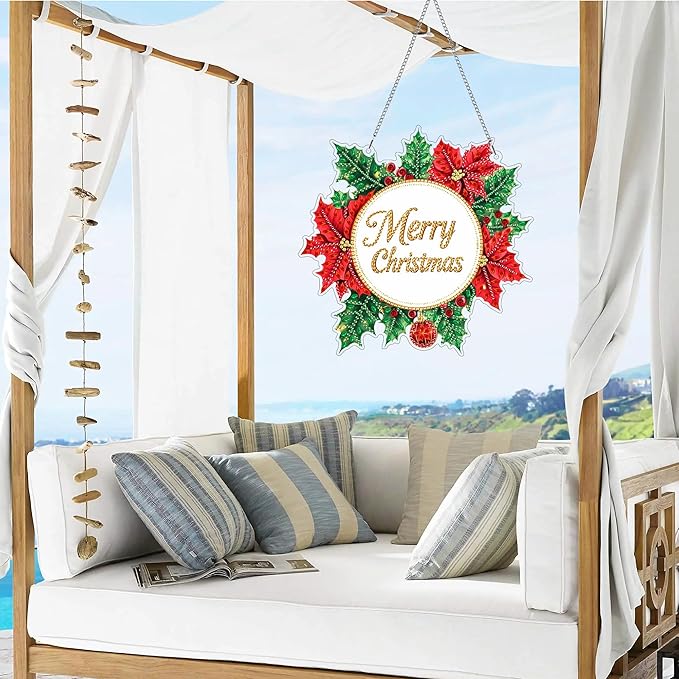 VAIIEYO Christmas Diamond Art Hanging Ornament, Garland Diamond Painting Suncatchers Window Hanging Kit with Chain, 7.5x7.5 inch Crystal Pendant Art Craft for Gift Home Wall Front Door Decoration