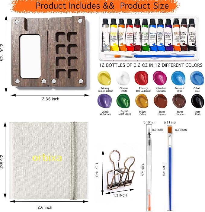 orbixa Mini Watercolor Palette Paint Set Travel Size - 12 Color Paint with 8-Wooden Grid Palette,Mini Sketchbook & Brushes | Portable Artist Supplies Kit for Students, Beginners, Outdoors Use (gray)