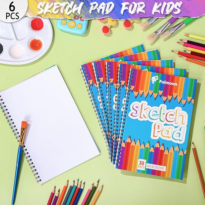 Fulmoon 6 Pcs Drawing Pad for Kids 30 Sheets Drawing Paper Coloring Sketch Book Art Supplies for Adults Crayons Pencils School Office Christmas Art Supplies, 6 x 9 Inch