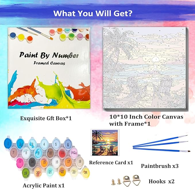 JUJUHOOD Sunset Beach Scene Framed Paint by Numbers Kit for Adults Beginner & Kids Ages 8-12, Seaside Paint by Number Without Easel, Simple Paint by Numbers for Gift Home Wall Decor (10x10Inch)