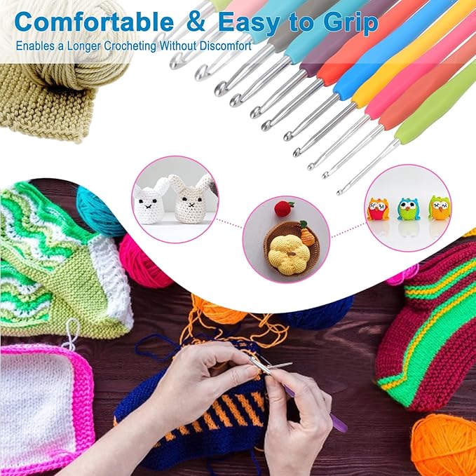 vodiye 12 sizes crochet hooks 2.0–8.0mm, ergonomic crochet hook set, crochet needles for beginners, diy projects and craft lovers