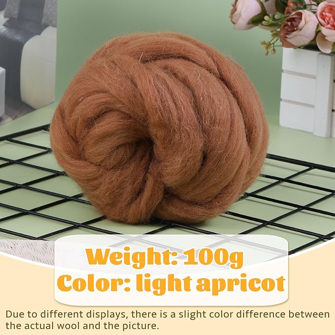 3.53oz Wool Roving, Fiber Roving Wool Top, Pure Wools, Chunky Yarn, Spinning Wool Roving for Needle Felting Wet Felting DIY Hand Spinning (Wood Brown)