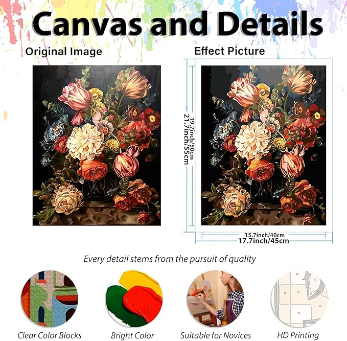 Flower Paint by Numbers Kit for Adults, Flower Paint by Numbers Kit for Adults Beginner, Adult Paint by Number Kits for Gift Home Decor 16''W x 20''L