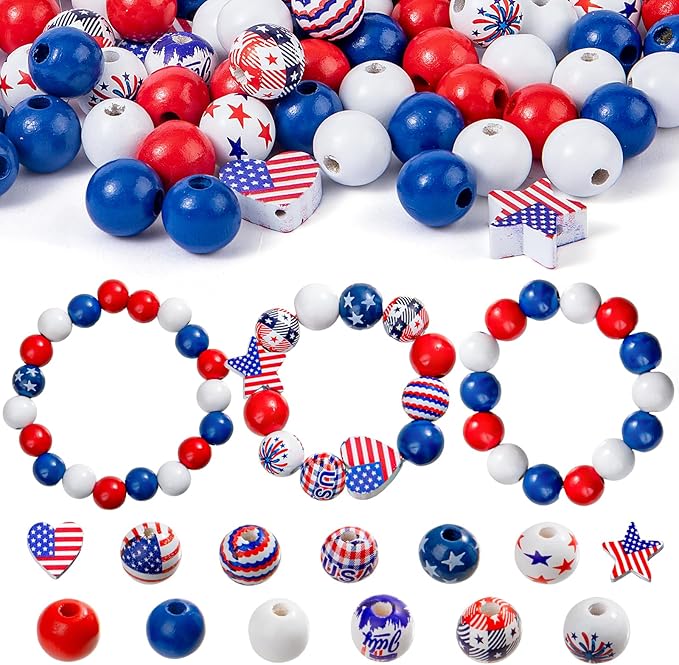 Goldwise 120Pcs 4th of July Wooden Beads Garland, Patriotic Red White Blue Beads for DIY Crafts, Independence Day Wood Beads with American Flag Stars for Bracelets Necklaces Tiered Tray Decor