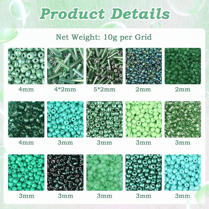 DUQGUHO Green Beads for Jewelry Making 4mm Green Glass Seed Beads Kit 15 Color 3mm 2mm Small Plastic Tube Bead for Bracelets Craft DIY St. Patrick's Day Bead