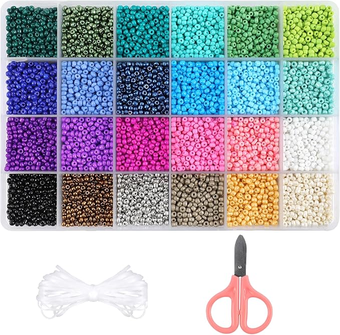 Miss Rabbit 13000pcs 3mm Glass Seed Beads 24 Colors Small Craft Beads Small Beads for DIY Bracelet Necklace Ring Craft Jewelry Making, with Scissor and Two Clear Bracelet String (540pcs per Color